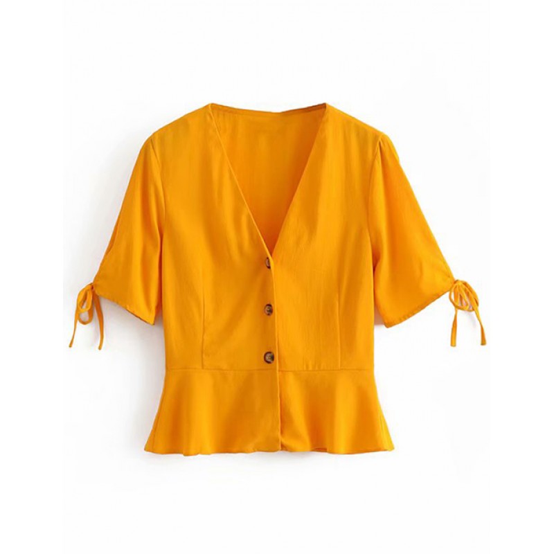 Fashion Yellow V Neckline Design Pure Color Blouse