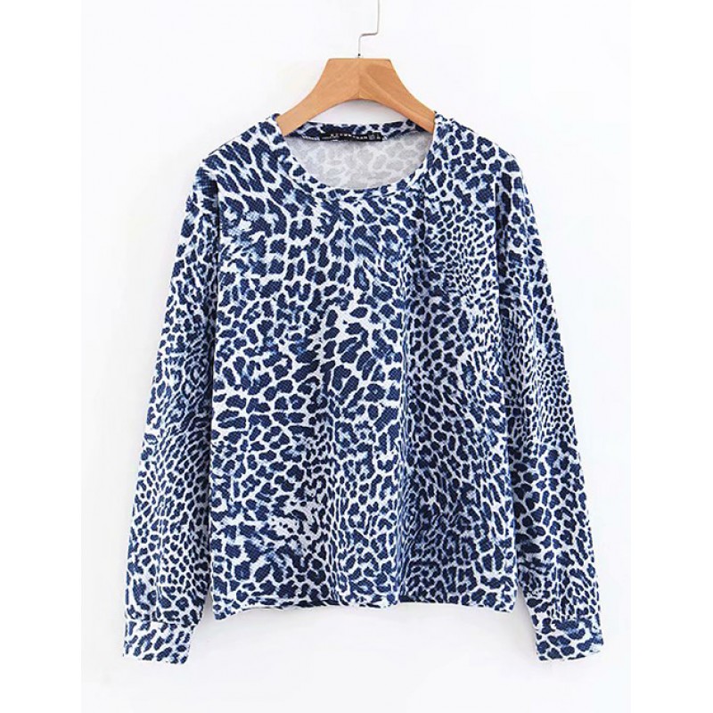 Fashion Blue Leopard Pattern Decorated Simple Sweater