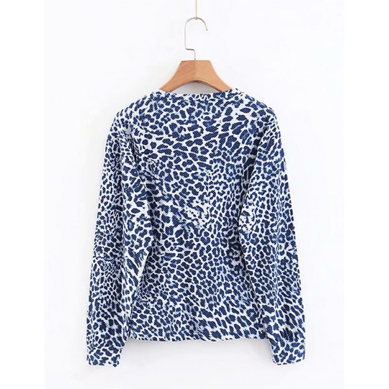 Fashion Blue Leopard Pattern Decorated Simple Sweater