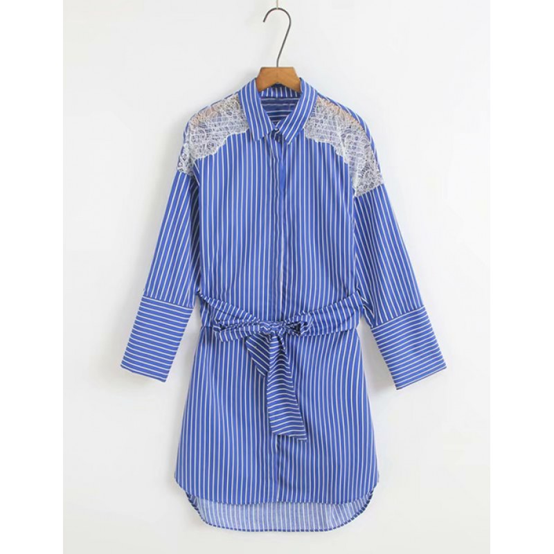 Fashion Blue Lace Decorated Stripe Pattern Shirt