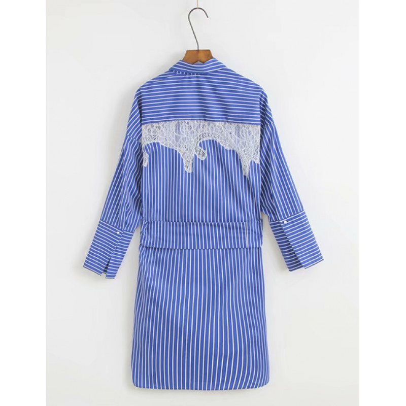 Fashion Blue Lace Decorated Stripe Pattern Shirt